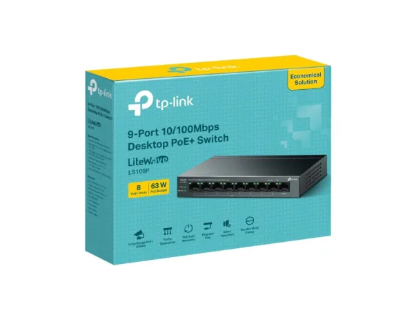 TP-LINK LS109P 9-Port 10/100Mbps Desktop Switch with 8-Port PoE+, 63 W PoE Budget, Up to 250 m