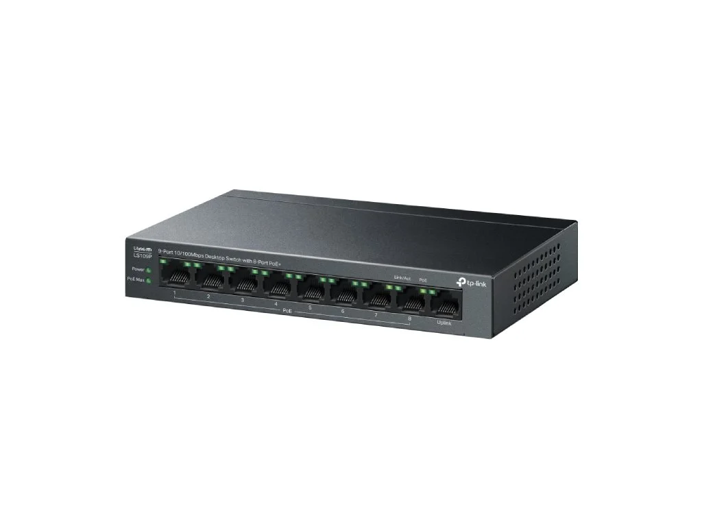 TP-LINK LS109P 9-Port 10/100Mbps Desktop Switch with 8-Port PoE+, 63 W PoE Budget, Up to 250 m