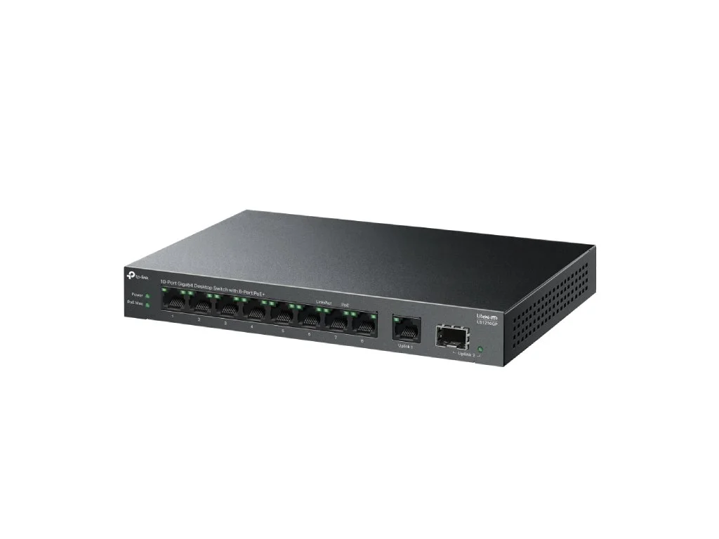 TP-LINK LS1210GP 10-Port Gigabit Desktop Switch with 8-Port PoE+, 61 W PoE Budget, 250 m, Metal case