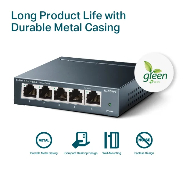 TP-LINK TL-SG105 5-Port  Gigabit 10/100/1000Mbps Desktop Switch, Durable Metal Casing