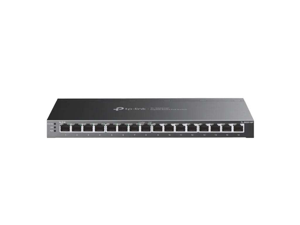 TP-LINK TL-SG2016P JetStream 16-Port Gigabit Smart Switch with 8-Port PoE+, 120 W PoE Budget, Metal